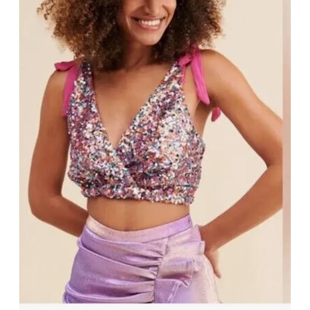 Free People Intimately Free Sequin Crop Top Tank Pink Boho Women Small Festival